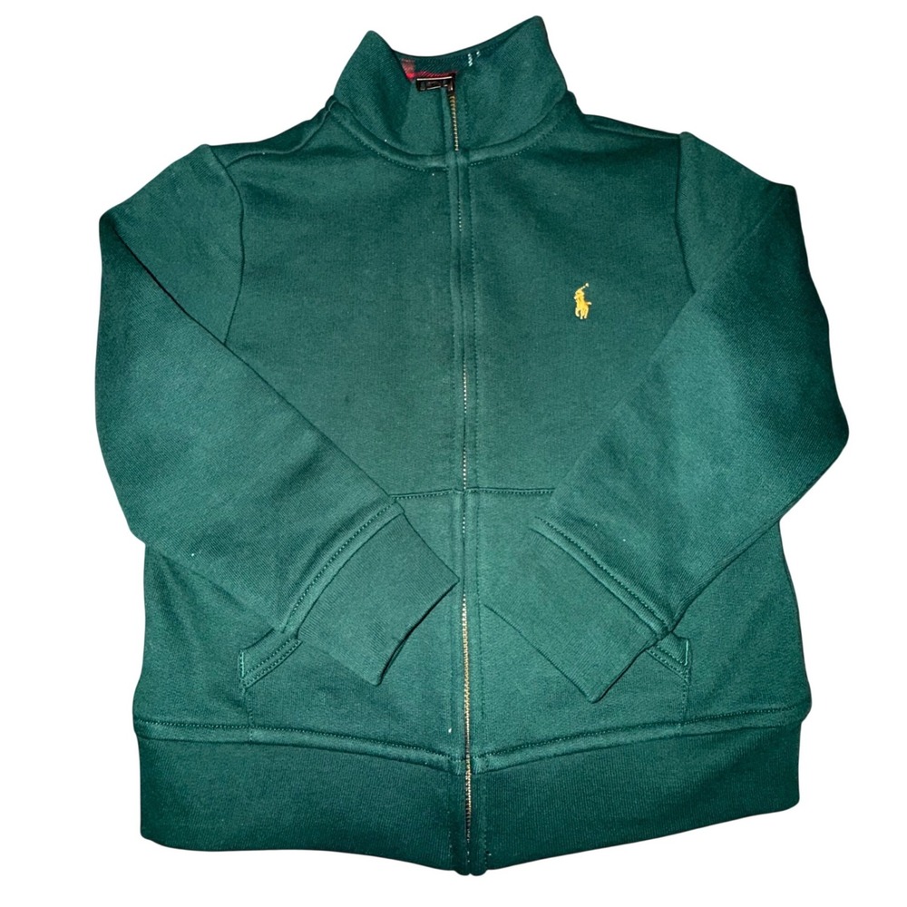 Polo Ralph Lauren Zip Sweatshirt 5 Green Yellow Pony Plaid Trim Preppy Classic